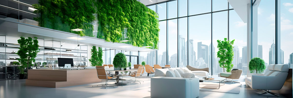 Văn phòng xanh với nhiều ánh sáng tự nhiên được thiết kế bởi AI